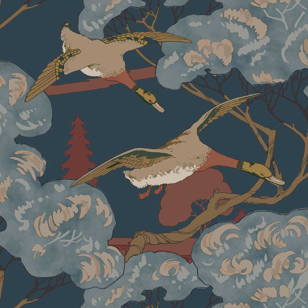 Mulberry Home Grand Flying Ducks Wallpaper | Red & Blue | FG102.V110