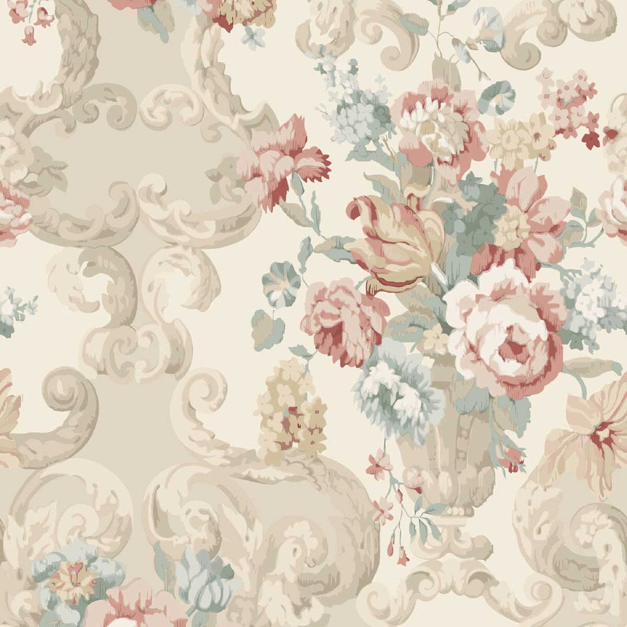 Mulberry Home Floral Rococo Wallpaper | Lovat & Red | FG103.R114