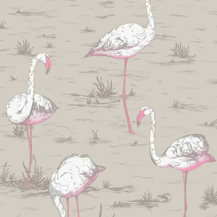 Cole & Son Flamingos Linen Union Fabric | White & Fuchsia on Taupe | F111/3011LU