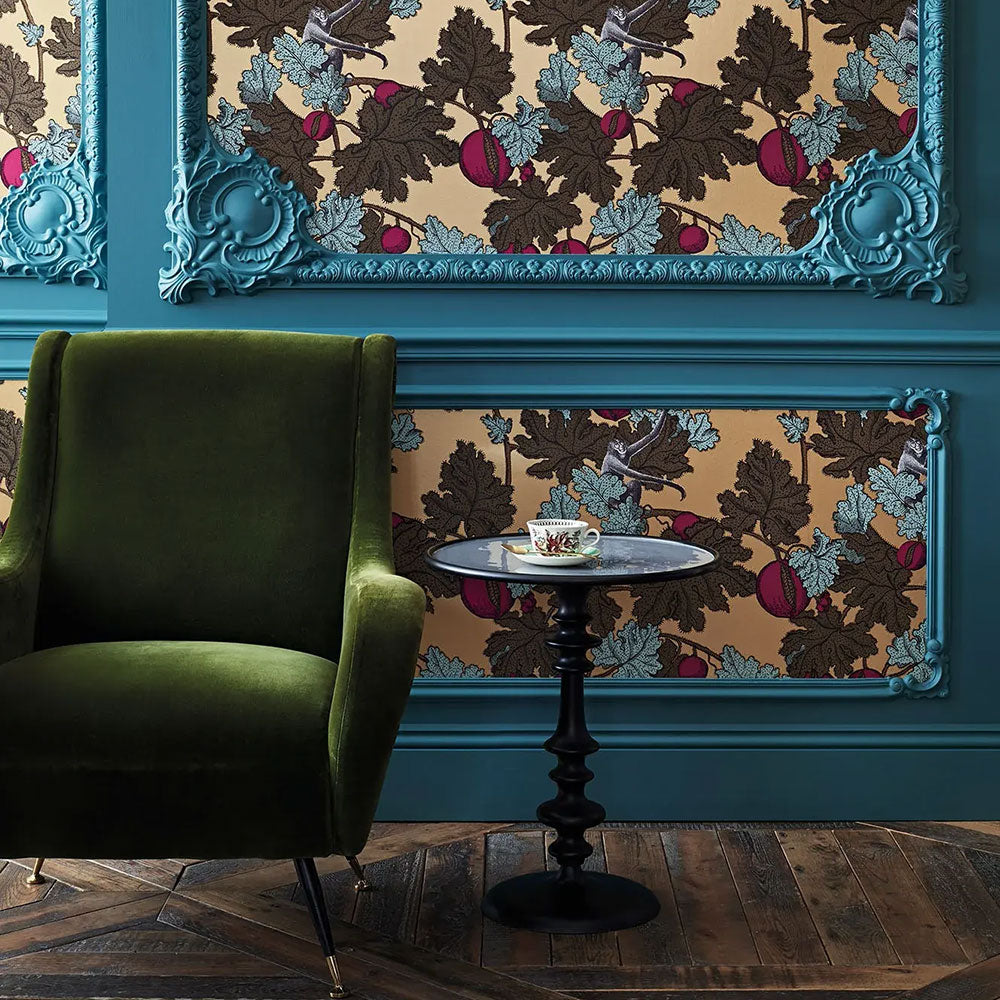 Frutto Proibito Print Room Blue & Magenta on Metallic Gold Wallpaper