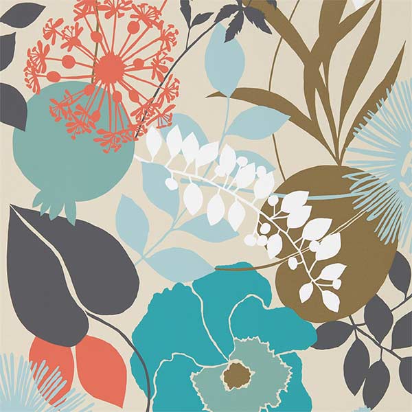 Harlequin Doyenne Wallpaper - Sky, Olive & Coral - 111493 | Modern 2 Interiors