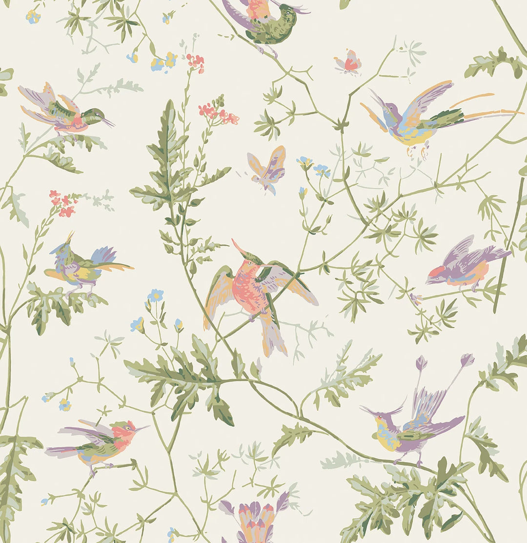 Hummingbirds Soft Multi, Olive Green on White Wallpaper