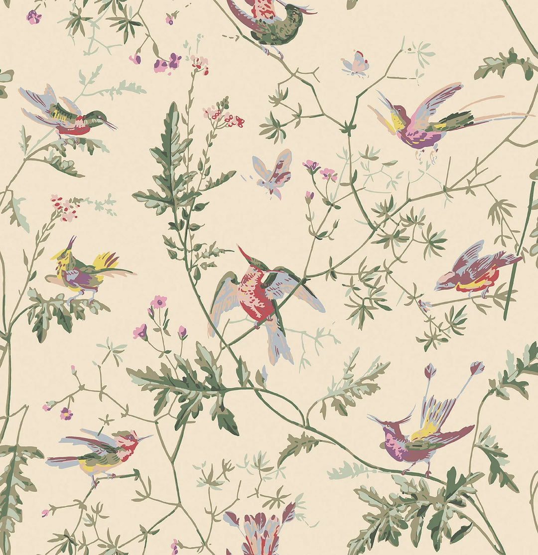 Hummingbirds Classic Multi & Old Olive on Cream Wallpaper