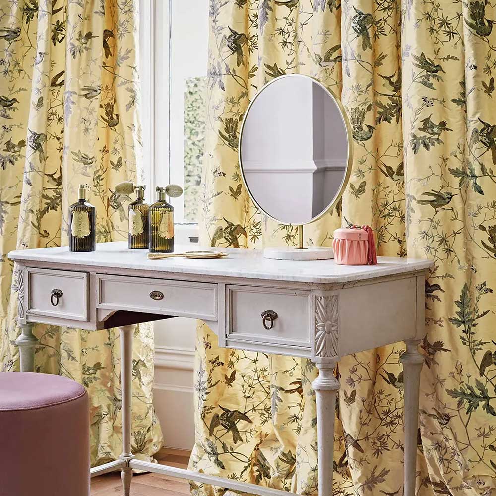 Cole & Son Hummingbirds Silk Fabric | Gold & Soft Grey | F111/1001