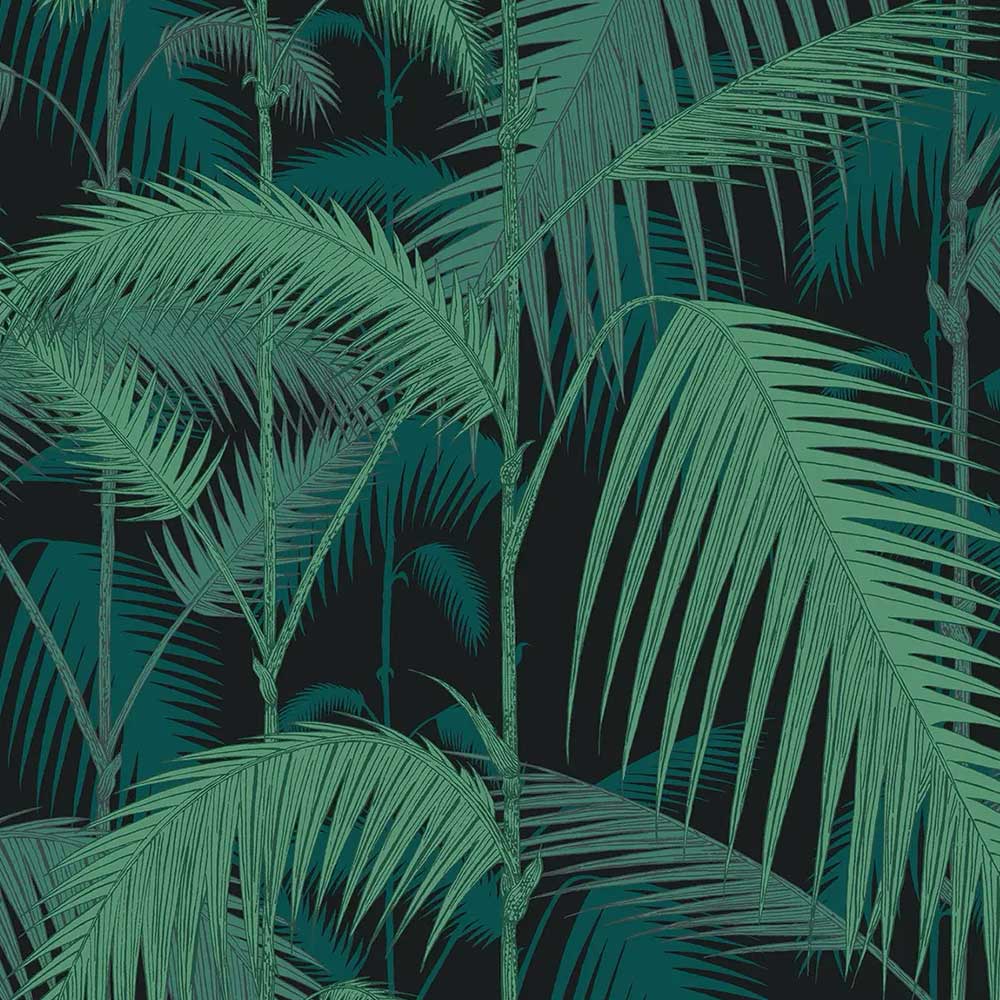 Cole & Son Palm Jungle Linen Union Fabric | Viridian & Petrol on Charcoal | F111/2004LU
