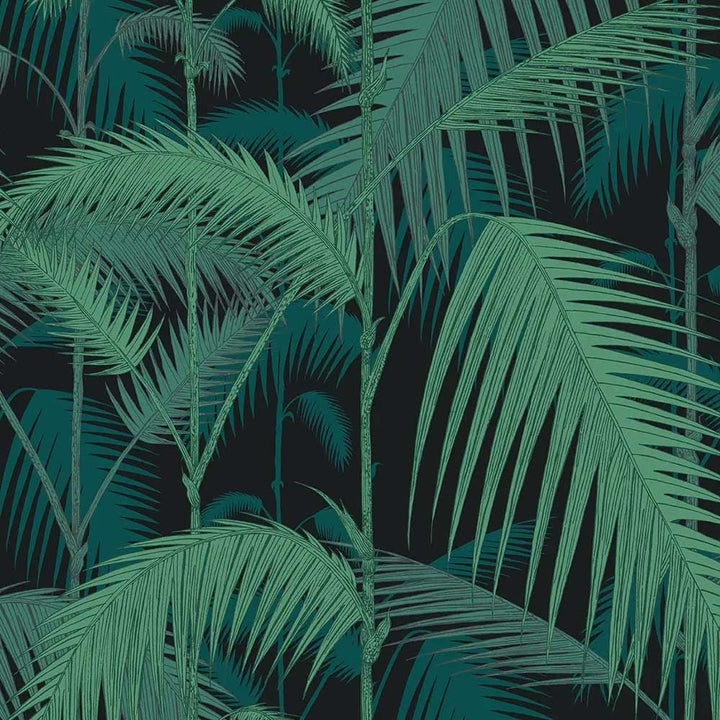 Cole & Son Palm Jungle Fabric | Viridian & Petrol on Black | F111/2004V