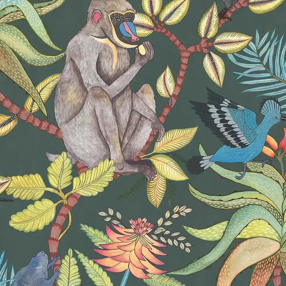 Cole & Son Savuti Wallpaper | Dark Viridian | 109/1006 | Savuti is a feature wallpaper with a botanical and animal motif pattern.
