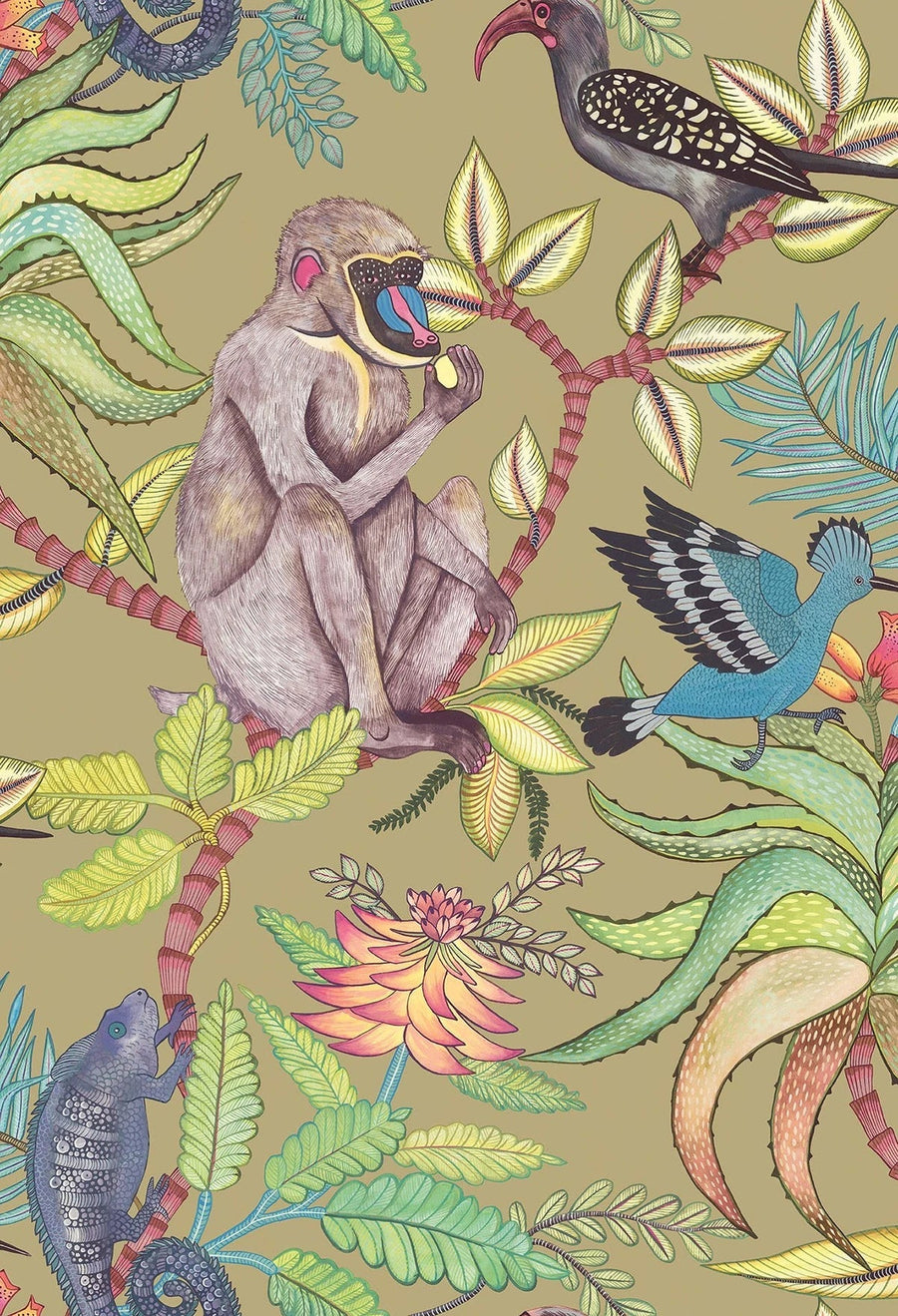 Cole & Son Savuti Wallpaper | Bright Multi on Old Olive | 109/1005 | Savuti is a feature wallpaper with a botanical and animal motif pattern.ght Multi on Old