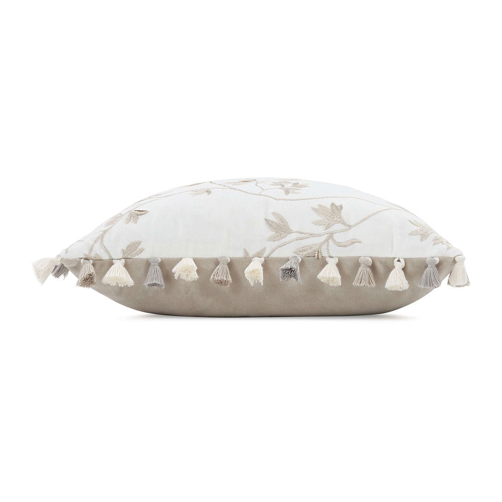 Villa Nova Aurea Cushion | Calico | VNC3556/01 | A feature cushion from the Abloom Collection. Cushion Displayed on its side to highlight the front and back prints & plain with edging tassel trim.