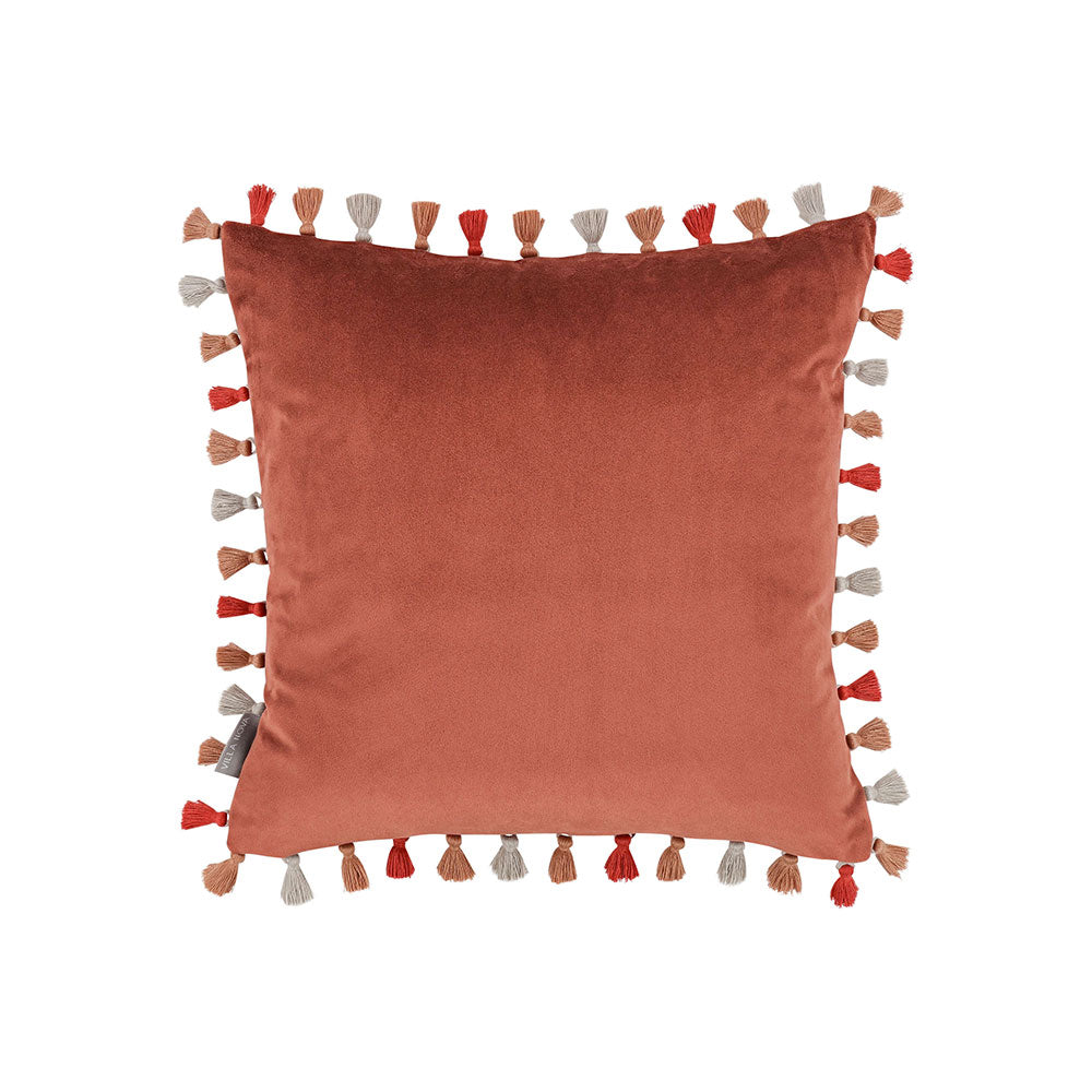 Villa Nova Aurea Cushion | Saffron | VNC3556/04 | A feature cushion from the Abloom Collection. Cushion Displayed in reverse to highlight the complementary plain velvet saffron red backing.