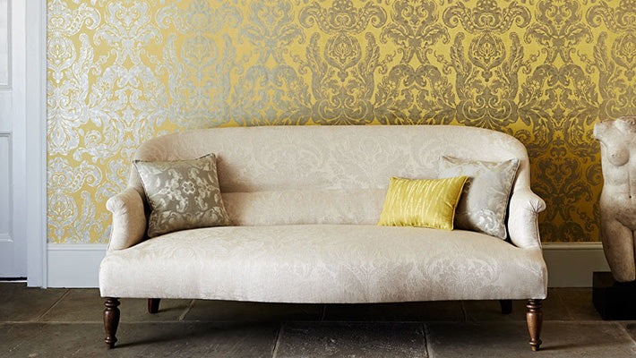 Constantina Demask wallpaper by Zoffany in a styled interior