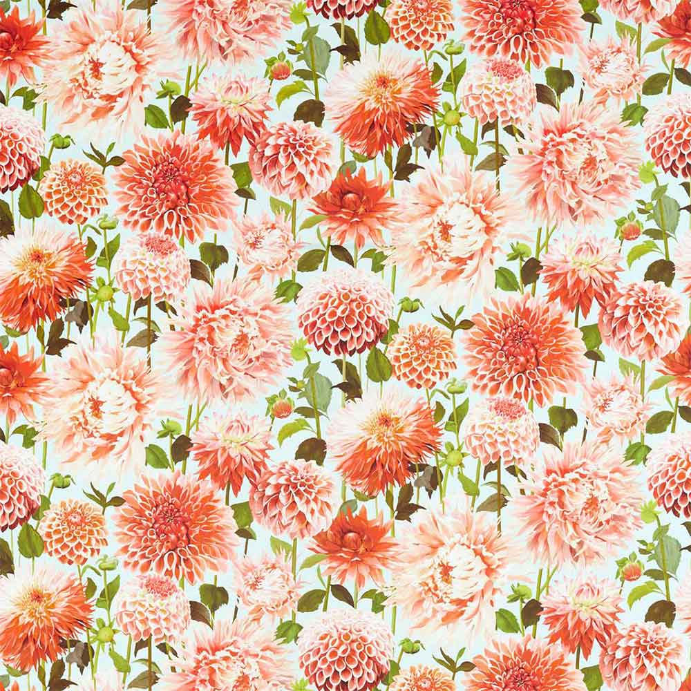 Dahlia Coral & Fig Leaf & Sky Fabric