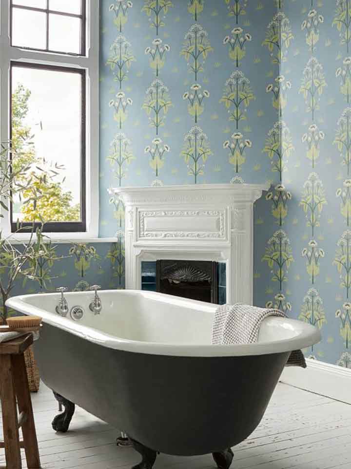 Morris & Co wallpaper with a stylised floral motif in a serene bathroom setting