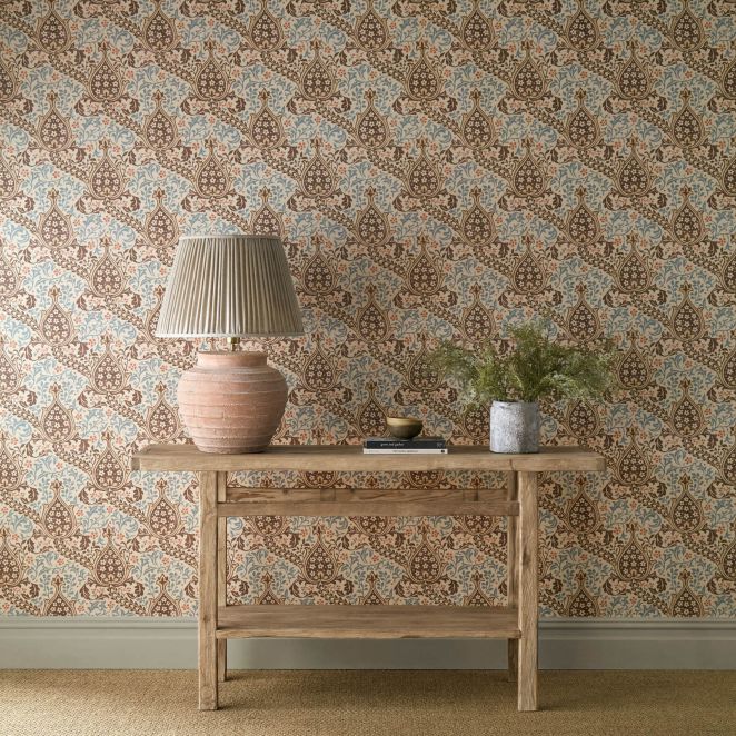 Persian Tulip Umber & Mineral Blue Wallpaper