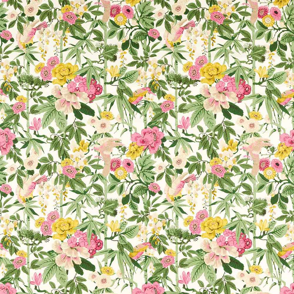 Bamboo & Bird Scallion Green & Fushia Fabric