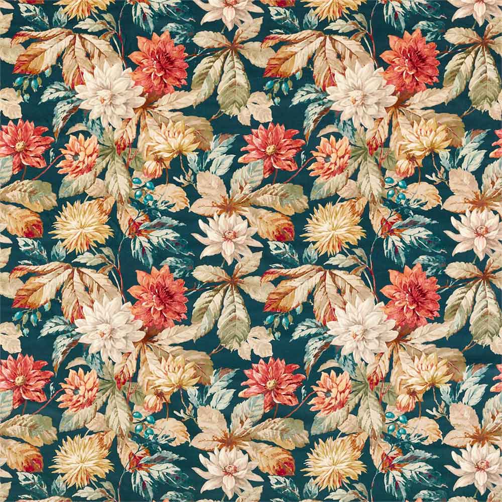 Dahlia & Rosehip Velvet Teal & Russet (Velvet) Fabric