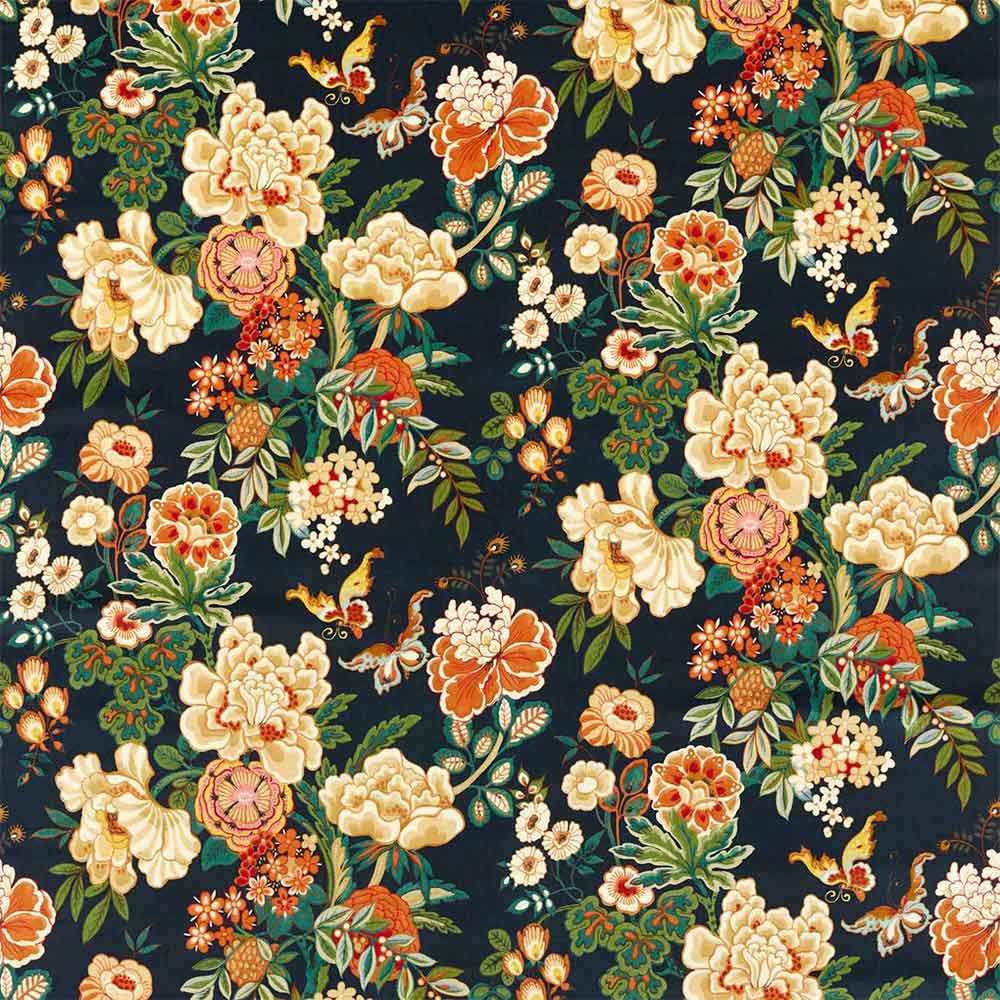 Emperor Peony Midnight & Apricot Fabric