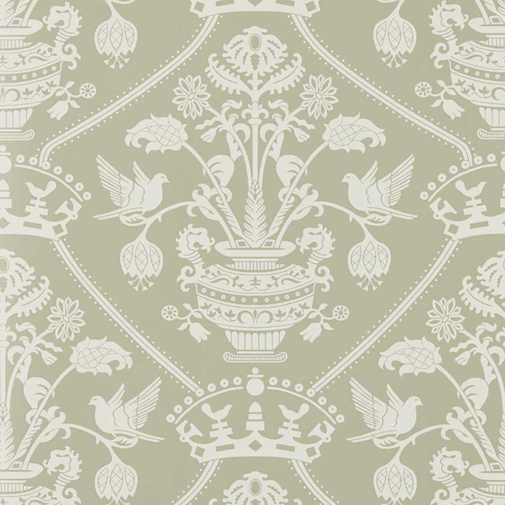 Highgrove Damask Silver Green Wallpaper