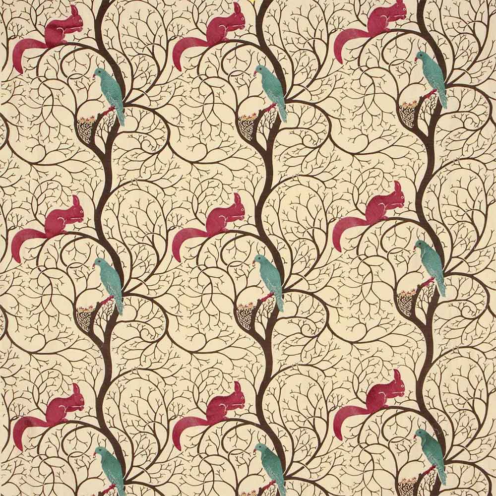 Squirrel & Dove Embroidery Teal & Red Fabric