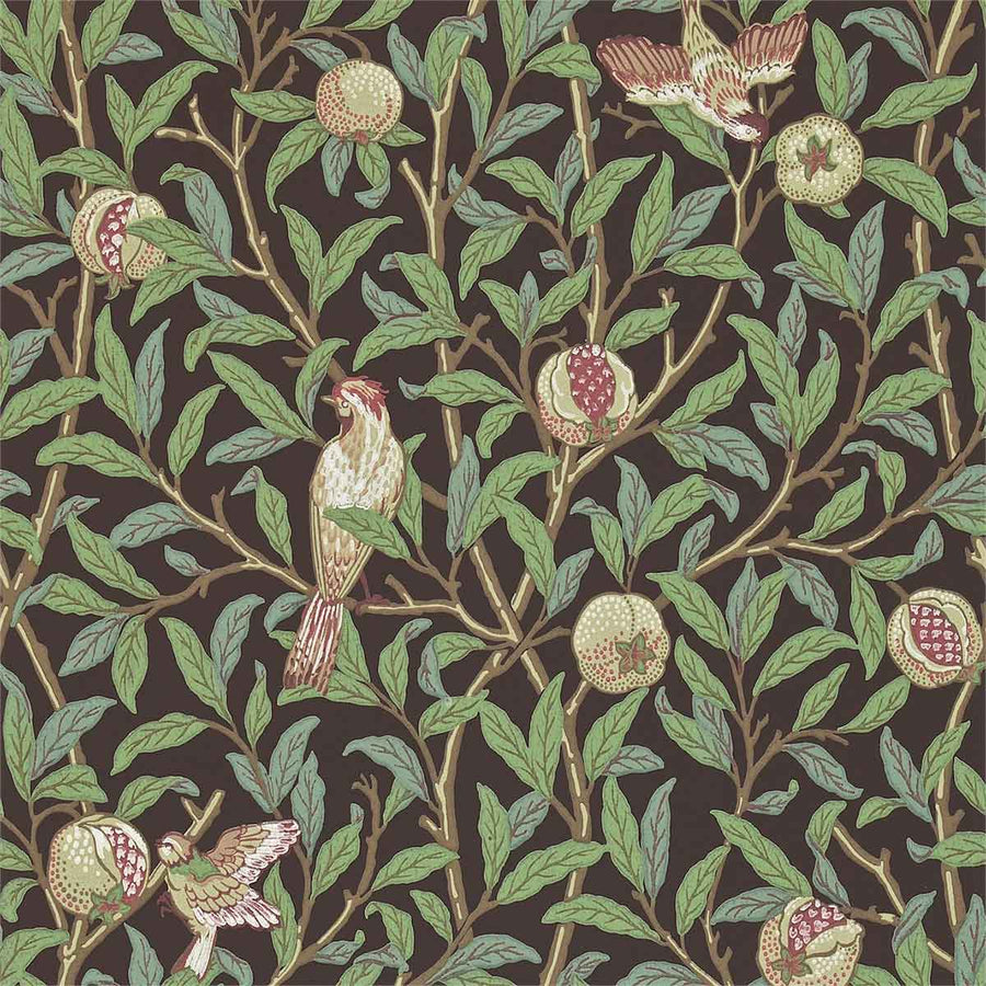 Morris And Co Bird & Pomegrante Wallpaper - Charcoal & Sage - 212537 | Modern 2 Interiors