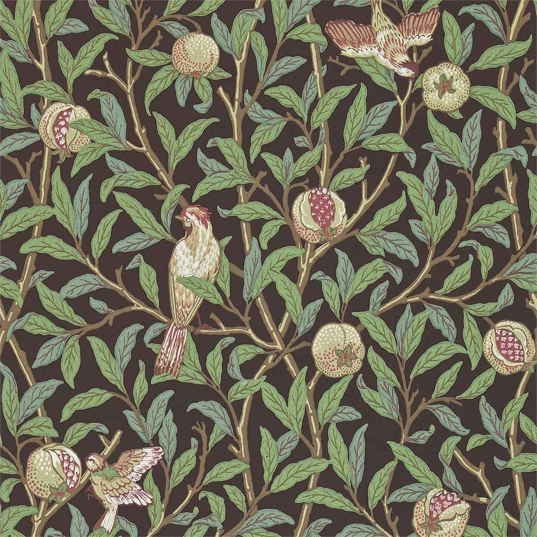 Morris And Co Bird & Pomegrante Wallpaper - Charcoal & Sage - 212537 | Modern 2 Interiors