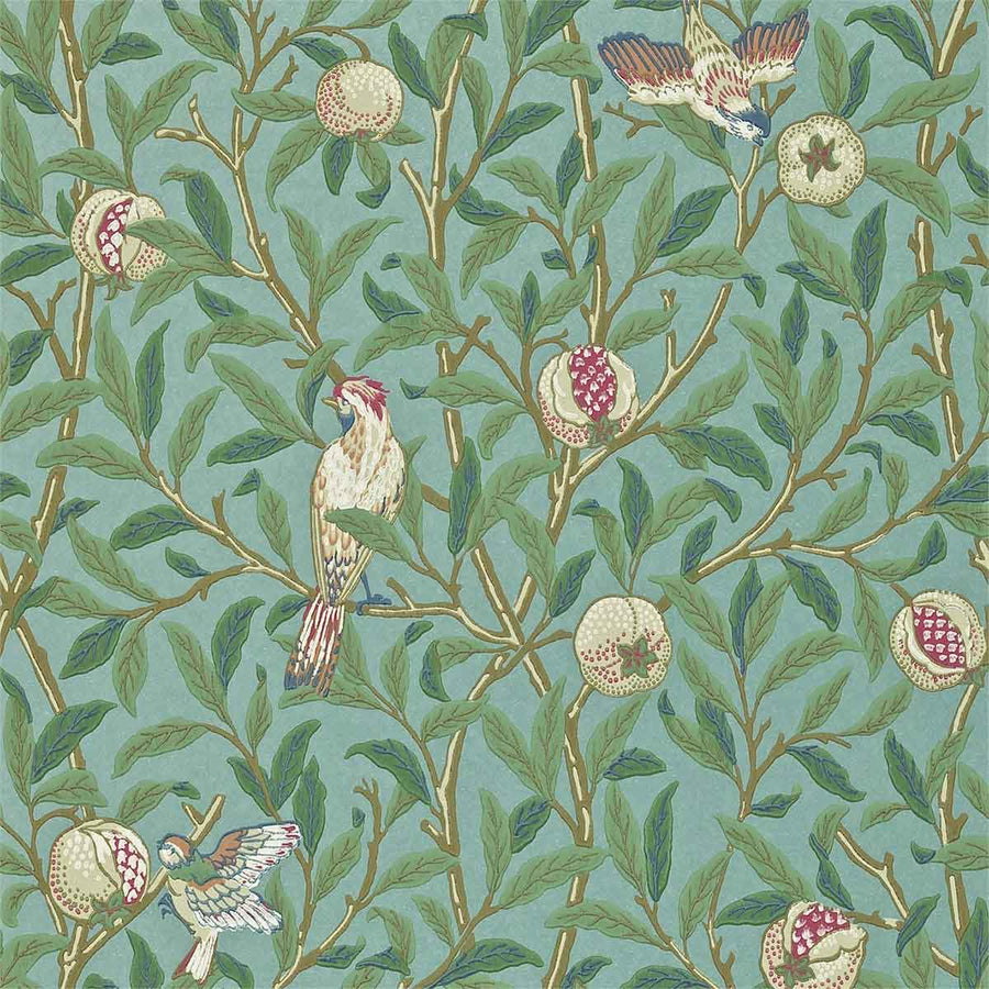 Morris And Co Bird & Pomegrante Wallpaper - Turquoise & Coral - 212538 | Modern 2 Interiors
