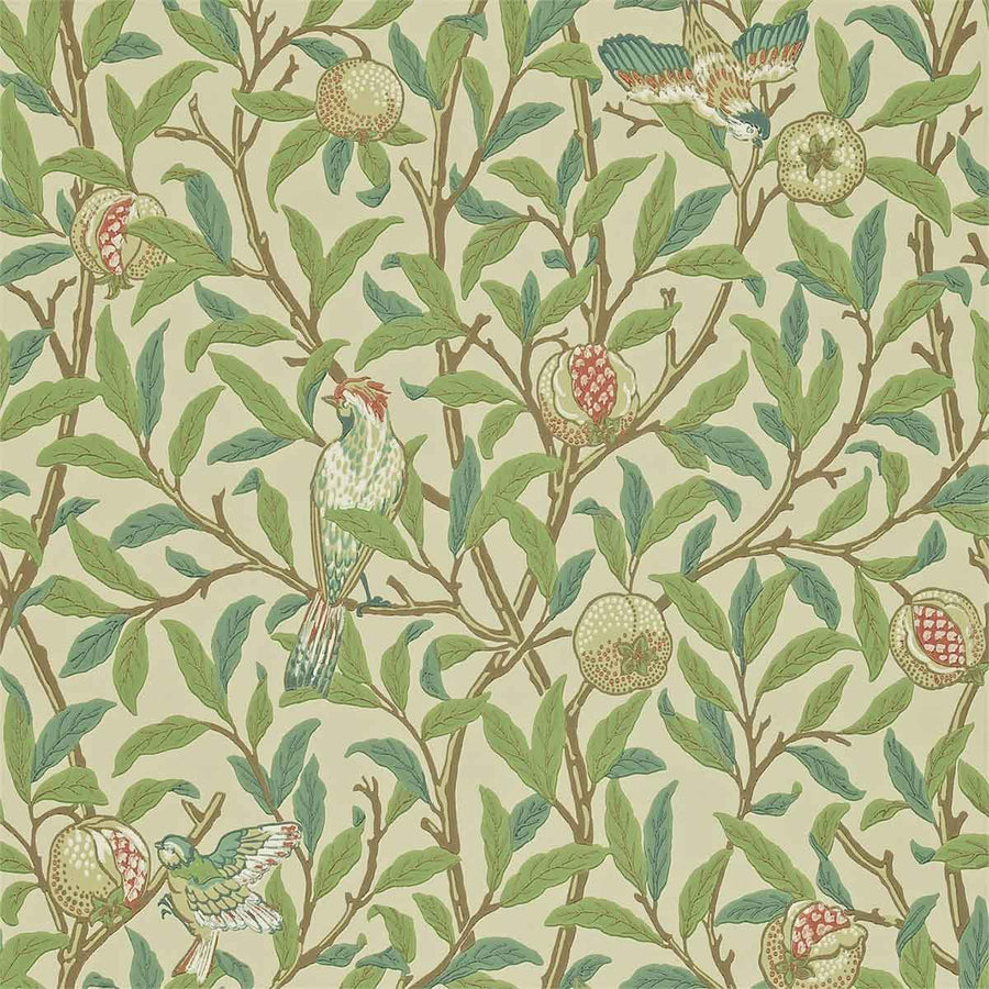Morris And Co Bird & Pomegrante Wallpaper - Bayleaf & Cream - 212539 | Modern 2 Interiors