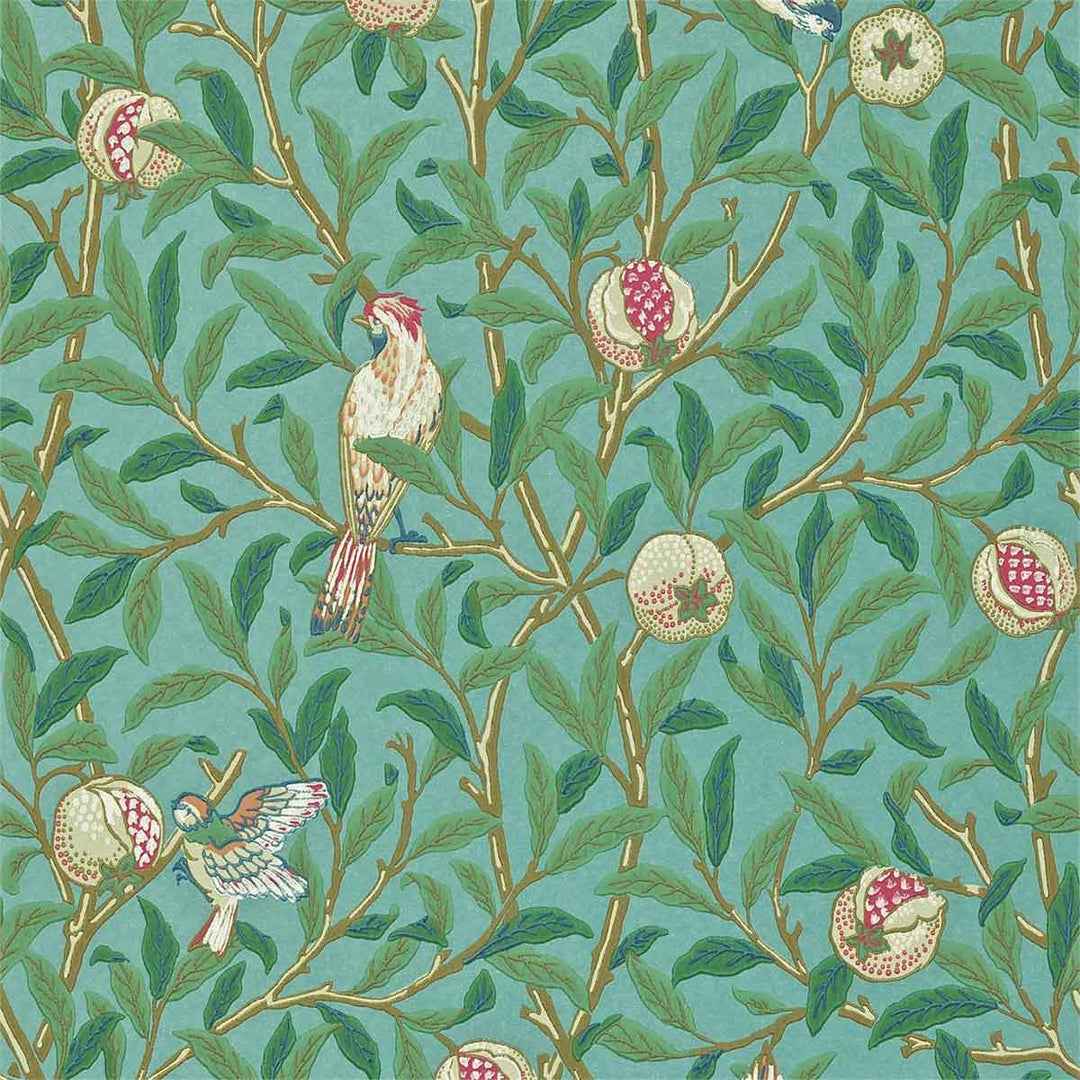 Morris And Co Bird & Pomegrante Wallpaper - Turquoise & Coral - 216820 | Modern 2 Interiors