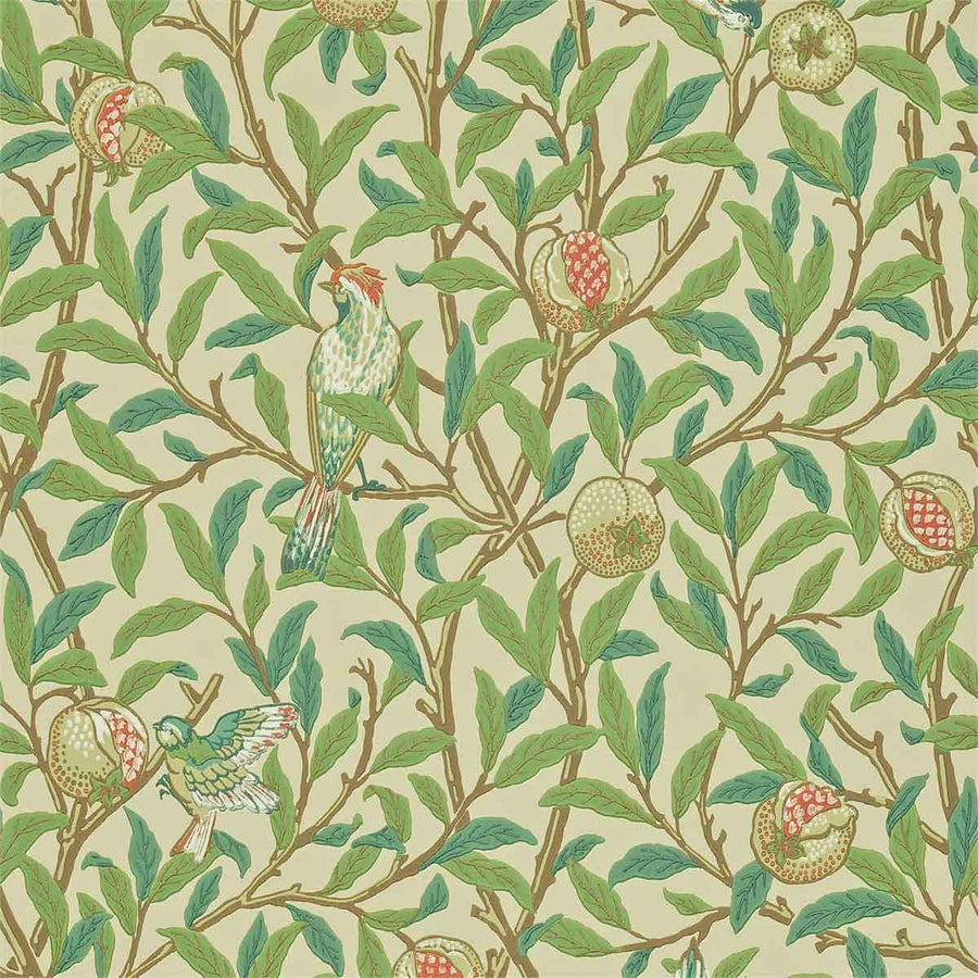 Morris And Co Bird & Pomegrante Wallpaper - Bayleaf & Cream - 216841 | Modern 2 Interiors