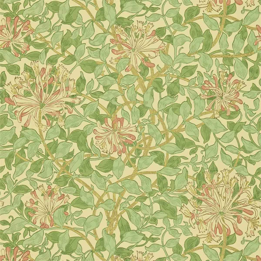 Morris And Co Honeysuckle Wallpaper - Green, Beige & Pink - 216842 | Modern 2 Interiors