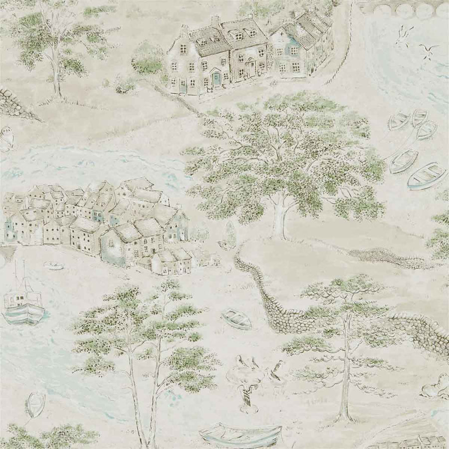 Sea Houses Green & Sand Wallpaper by Sanderson - 216490 | Modern 2 Interiors