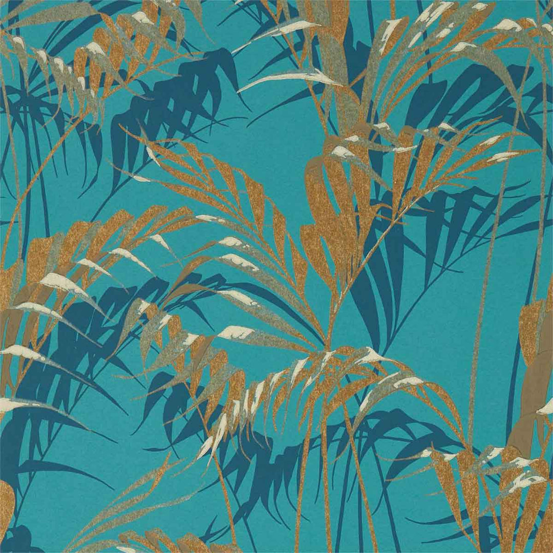 Palm House Teal & Gold Wallpaper by Sanderson - 216640 | Modern 2 Interiors
