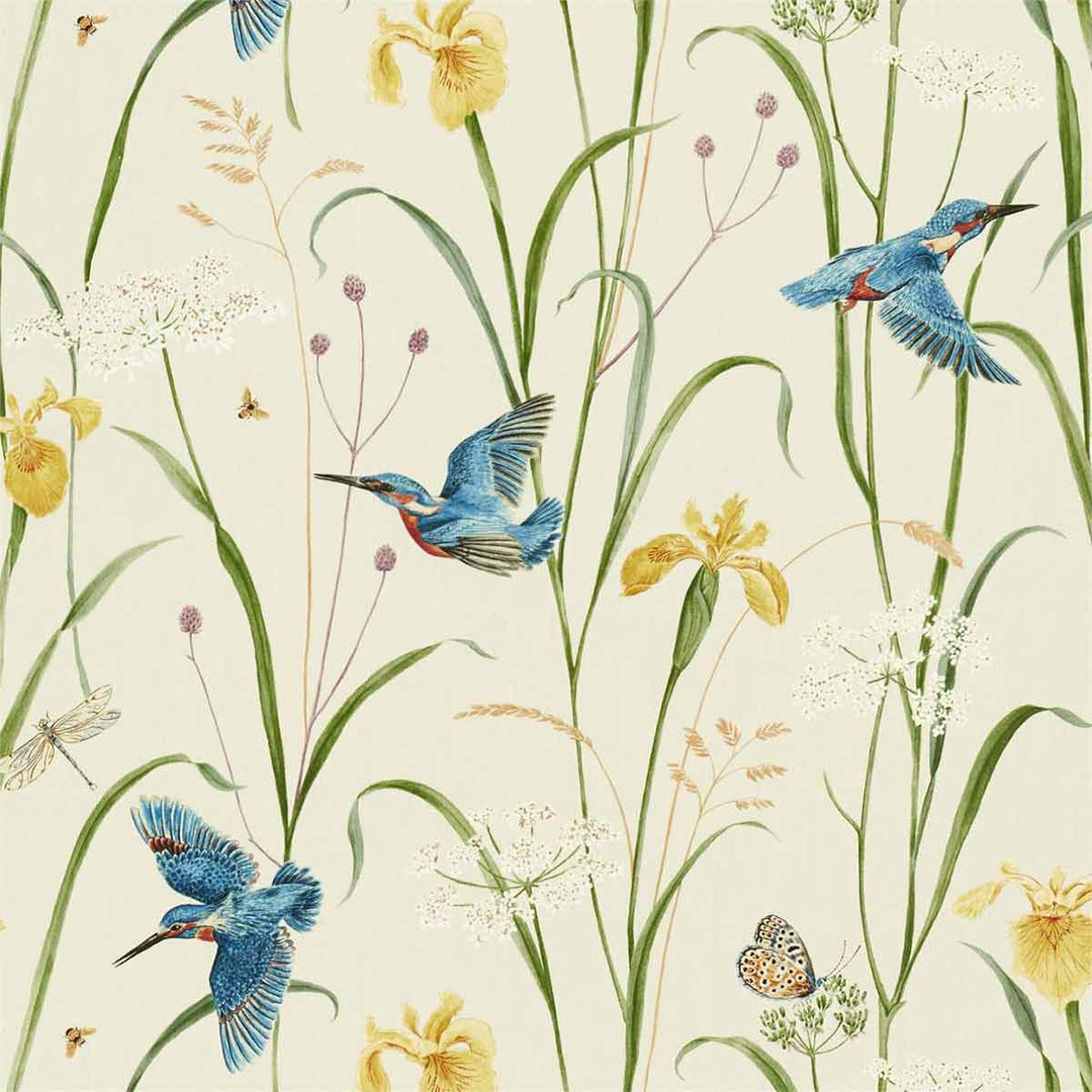 Kingfisher & Iris Azure & Linen Fabric by Sanderson - 226732 | Modern 2 Interiors