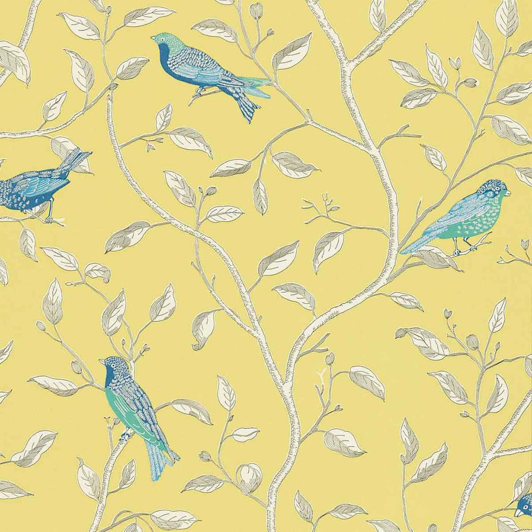 Finches Yellow Wallpaper by Sanderson - DOPWFI101 | Modern 2 Interiors