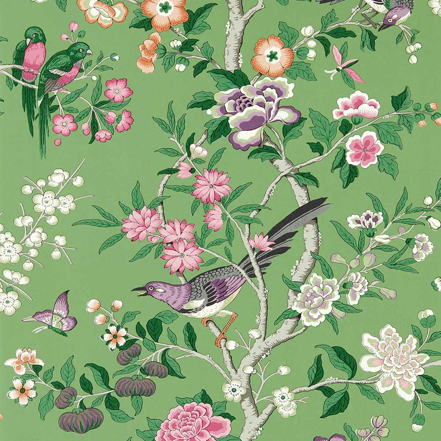 Chinoiserie Hall China Green & lotus Pink Wallpaper by Sanderson - 217110 | Modern 2 Interiors