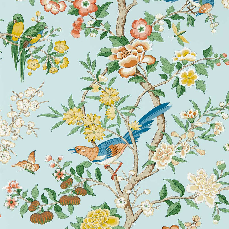 Chinoiserie Hall Dawn Blue & Persimmon Wallpaper by Sanderson - 217112 | Modern 2 Interiors