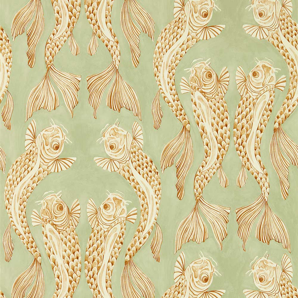 Voyaging Koi Oriental Green & Honey Wallpaper by Sanderson - 217114 | Modern 2 Interiors