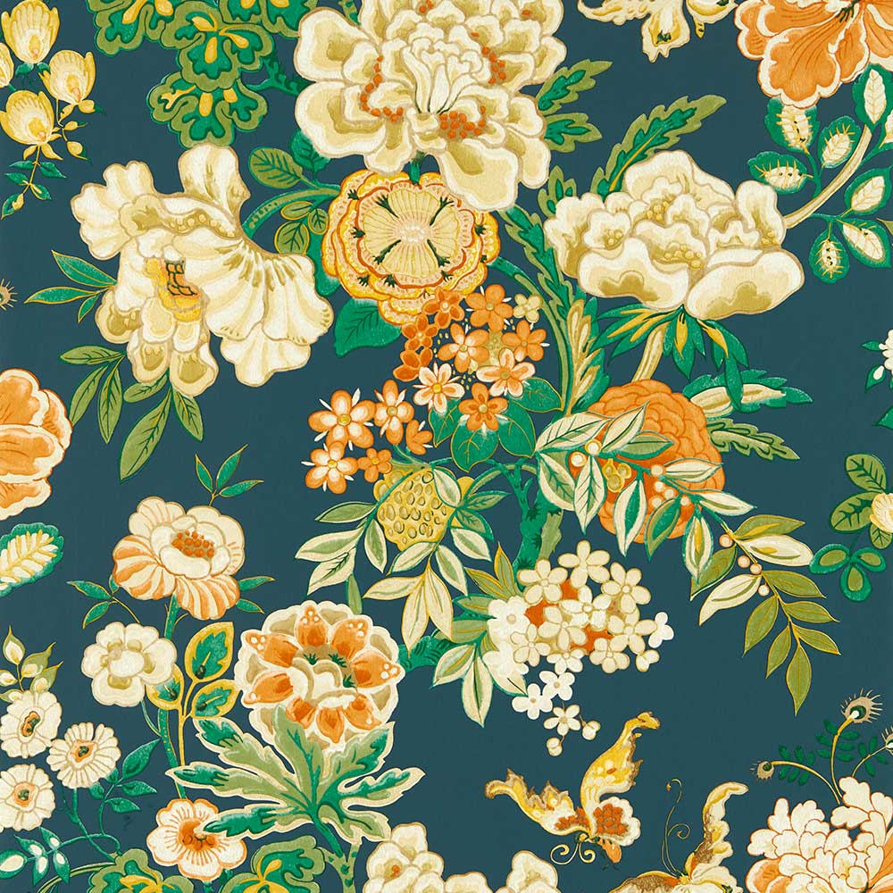 Emperor Peony Midnight & Apricot Wallpaper by Sanderson - 217120 | Modern 2 Interiors