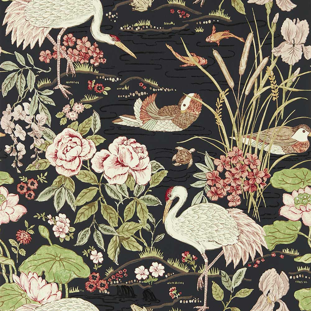 Crane & Frog Ink Black & Multi Wallpaper by Sanderson - 217123 | Modern 2 Interiors