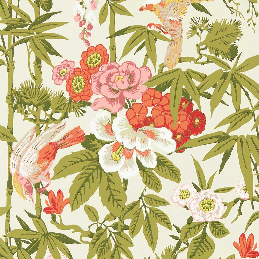 Bamboo & Birds Mandarin Red & Olive Wallpaper by Sanderson - 217128 | Modern 2 Interiors