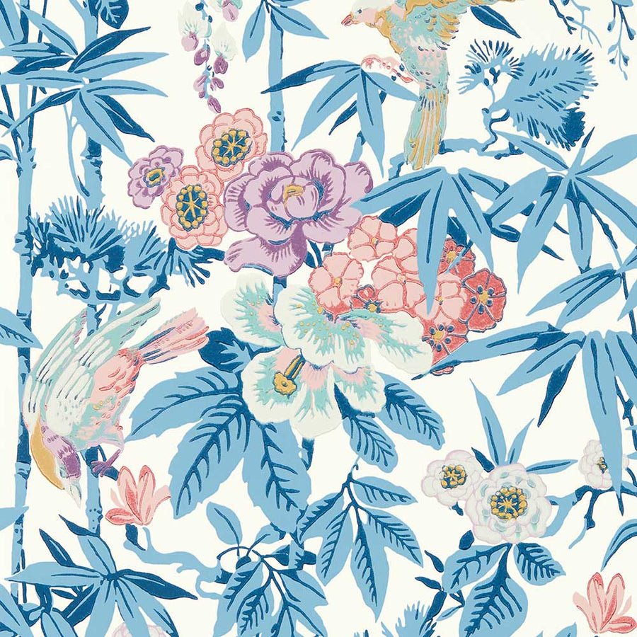 Bamboo & Birds China Blue & Lotus Pink Wallpaper by Sanderson - 217129 | Modern 2 Interiors