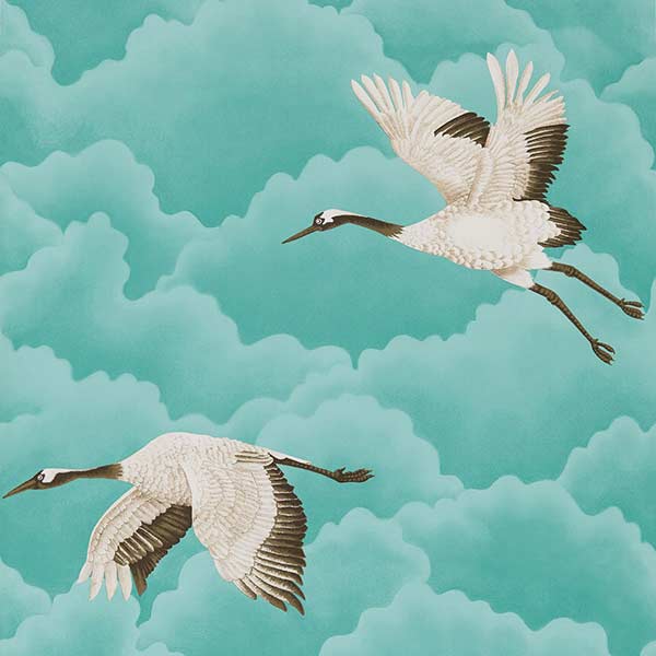 Harlequin Cranes In Flight Wallpaper - Marine & Platinum - 111234 | Modern 2 Interiors