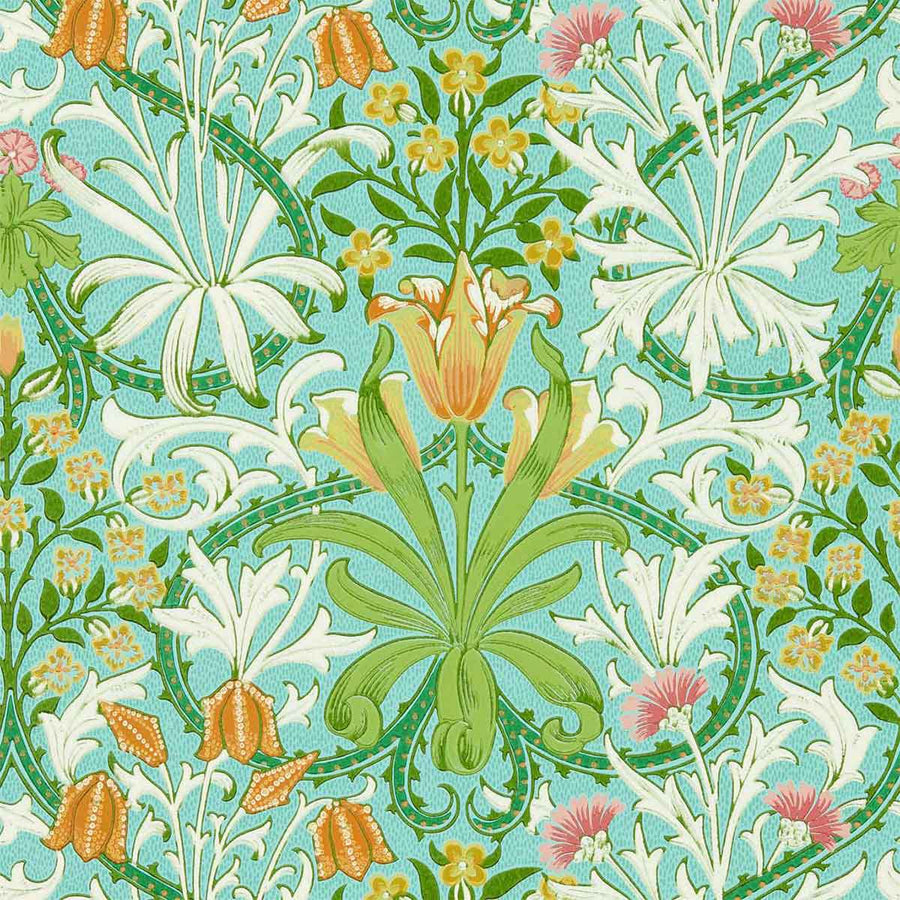 Woodland Weeds Orange & Turquoise Wallpaper by Morris & Co - 217101 | Modern 2 Interiors