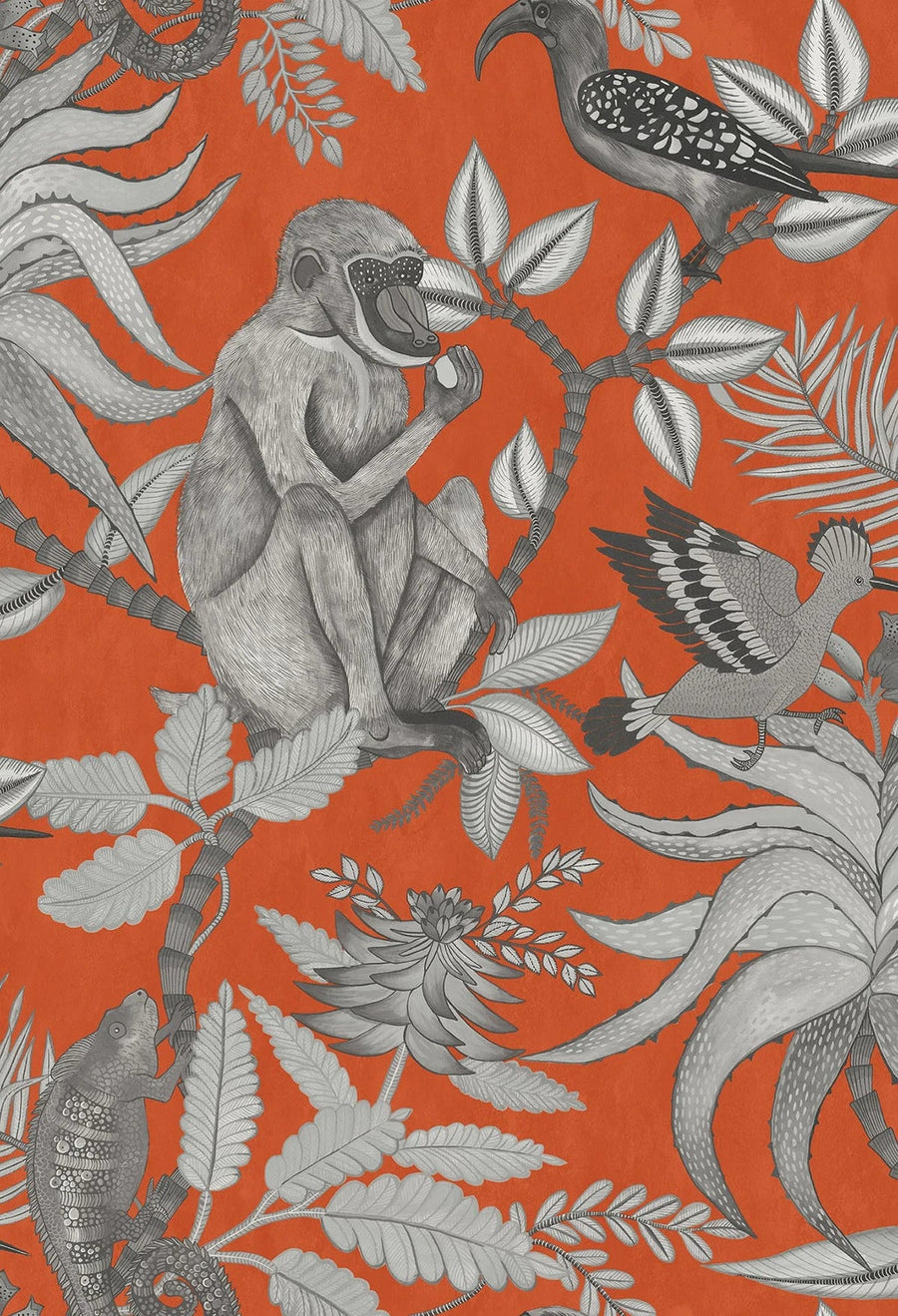 Cole & Son Savuti Wallpaper | Soot on Tangerine | 109/1001 | Savuti is a feature wallpaper with a botanical and animal motif pattern.