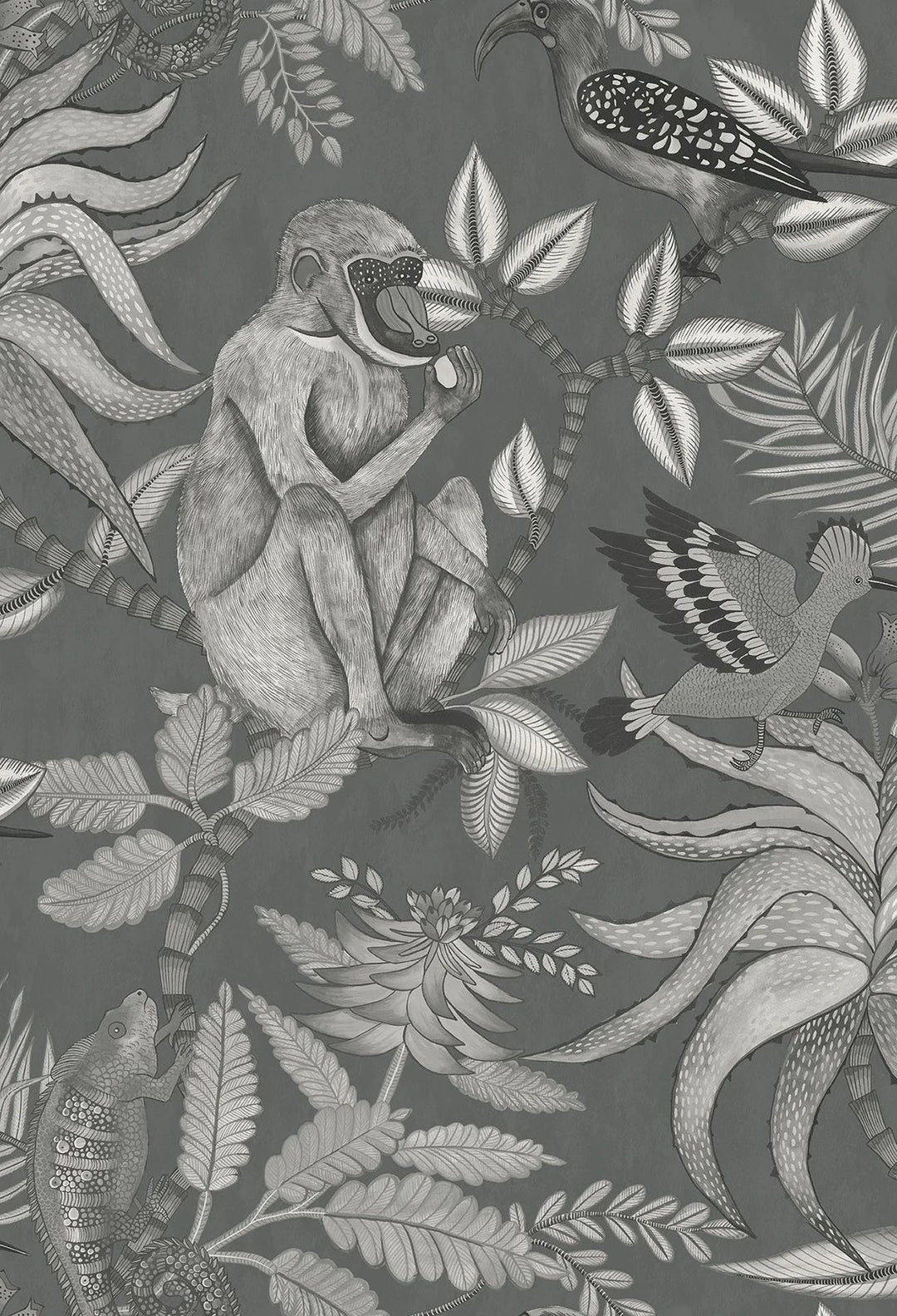 Cole & Son Savuti Wallpaper | Soot on Charcoal | 109/1002 | Savuti is a feature wallpaper with a botanical and animal motif pattern.