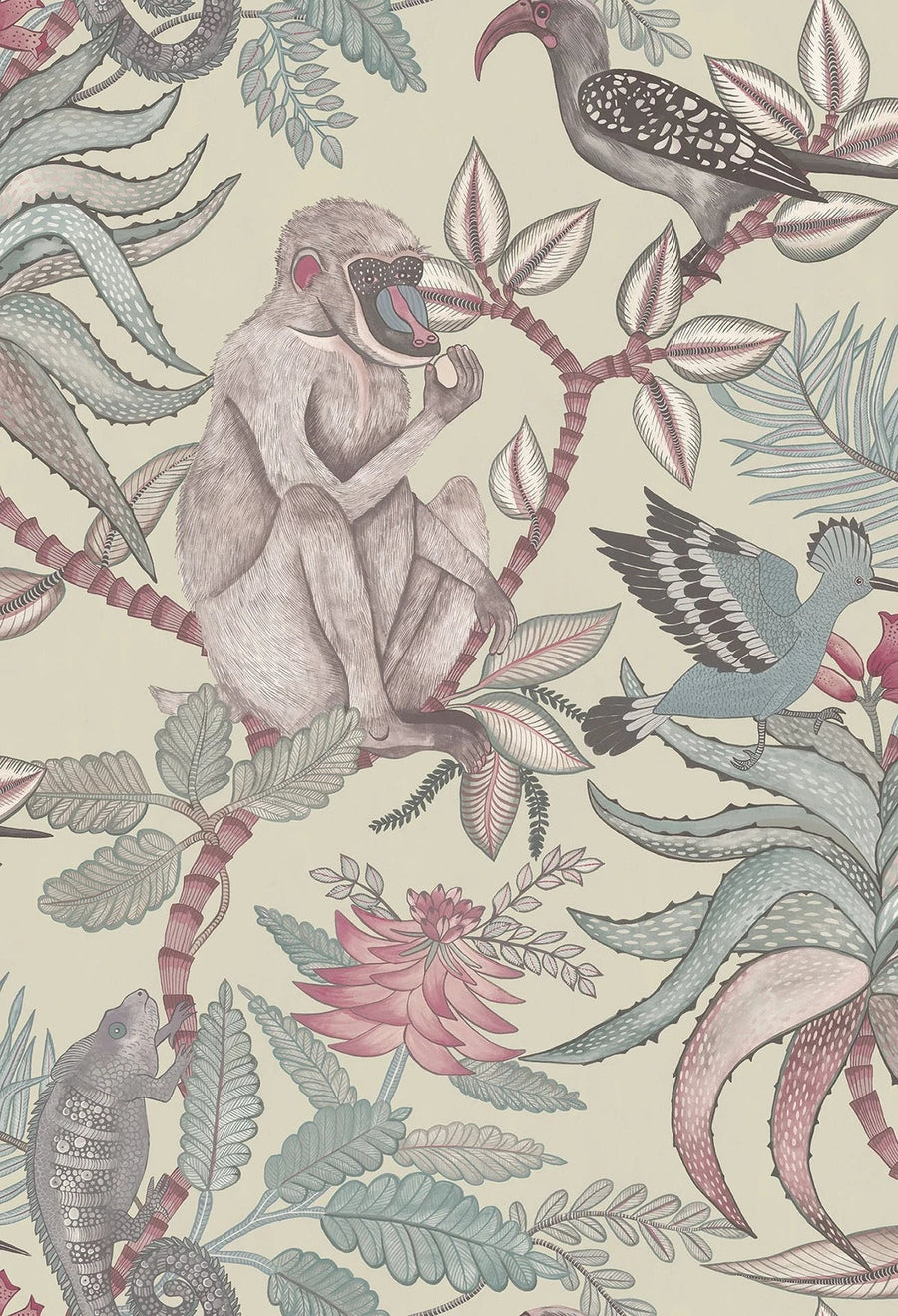 Cole & Son Savuti Wallpaper | Dove & Powder Blue | 109/1003 | Savuti is a feature wallpaper with a botanical and animal motif pattern.