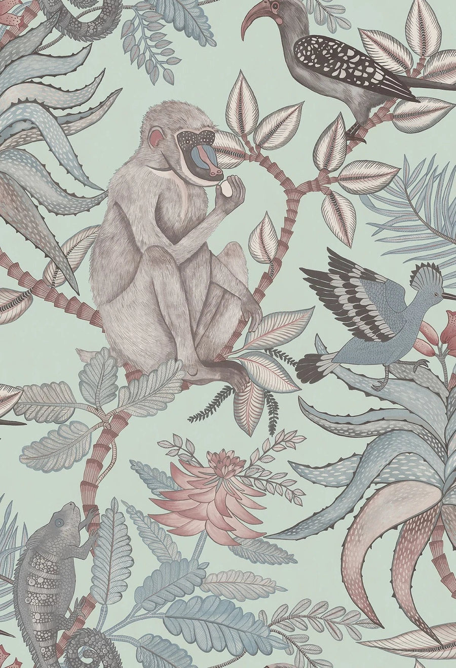 Cole & Son Savuti Wallpaper | Blush & Sky on Duck Egg | 109/1004 | Savuti is a feature wallpaper with a botanical and animal motif pattern.