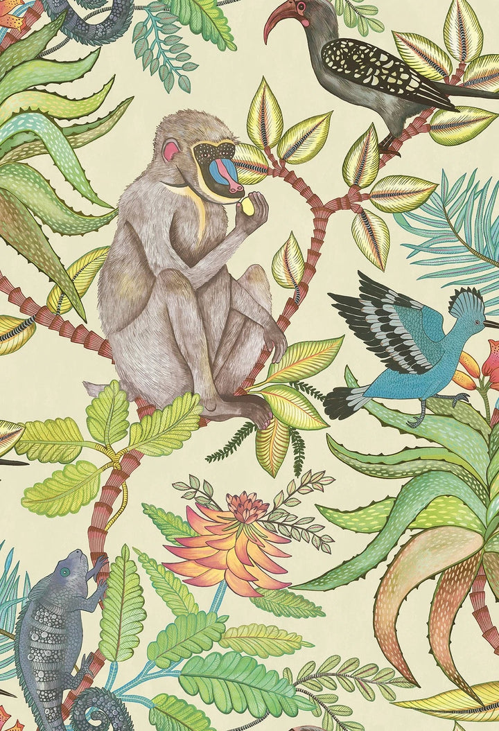 Cole & Son Savuti Wallpaper | Bright Multi on Cream | 109/1007 | Savuti is a feature wallpaper with a botanical and animal motif pattern.