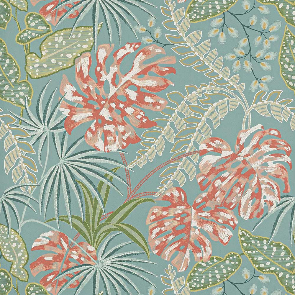 Jane Churchill Rousseau Wallpaper | Teal & Coral | J184W-02