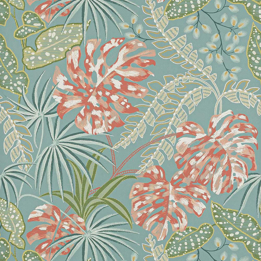 Jane Churchill Rousseau Wallpaper | Teal & Coral | J184W-02